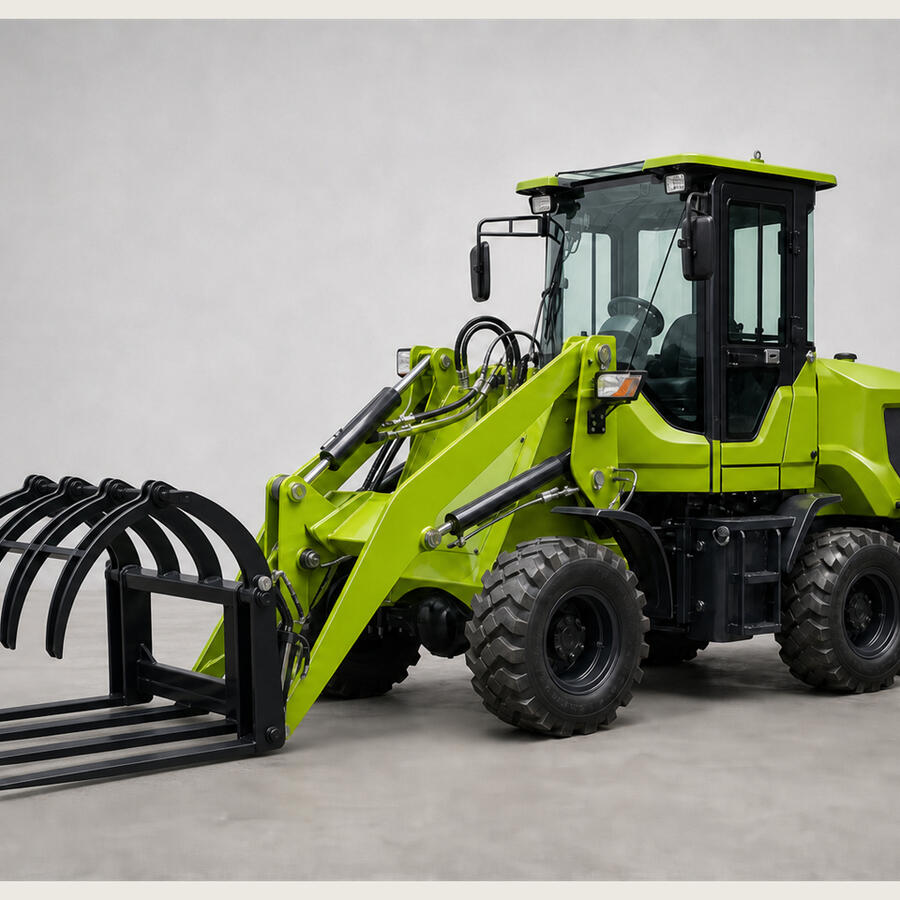 1.5-ton compact electric articulated wheel loader with straight lower fork tines and curved hydraulic upper grapple