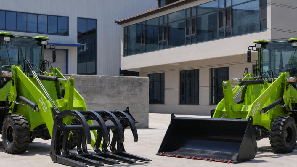 1.5-ton electric grapple loader carrying timber on straight lower fork tines with curved upper clamp