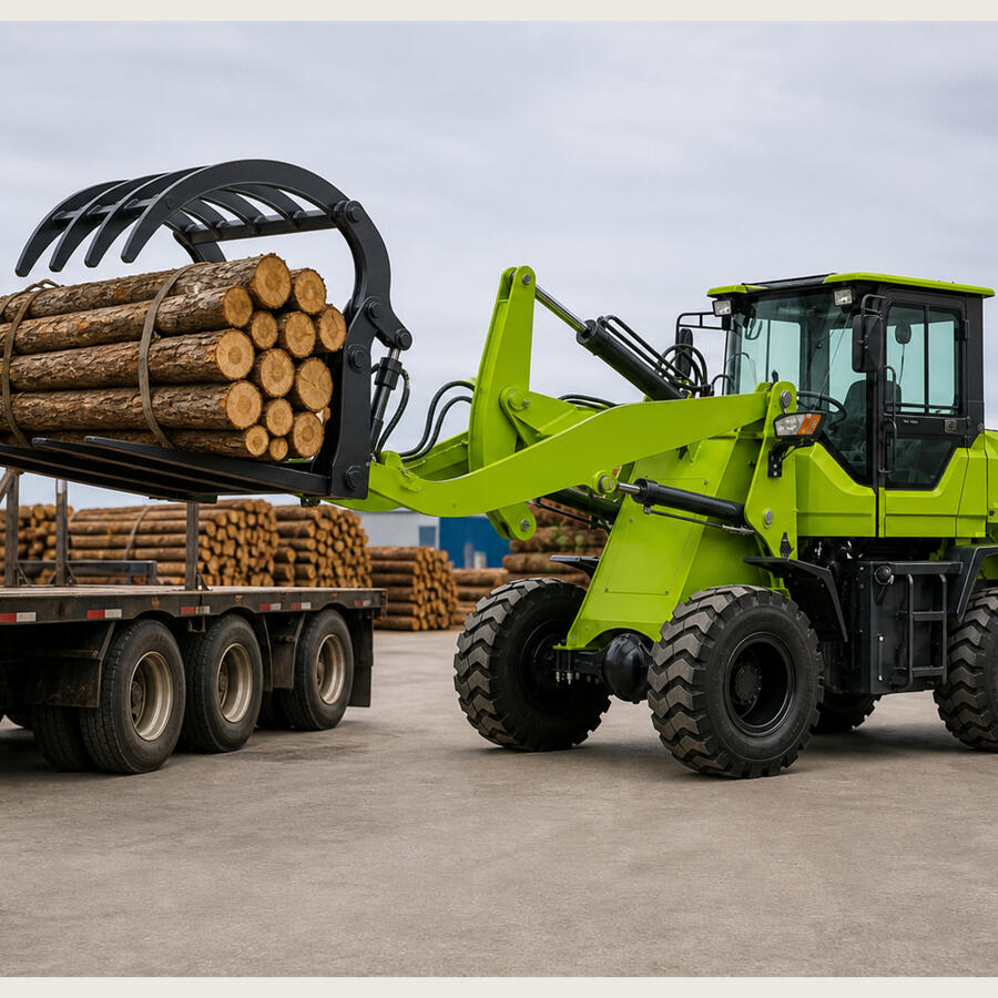 2.0-ton JH20EV electric grapple loader loading timber with straight lower fork tines and curved upper clamp