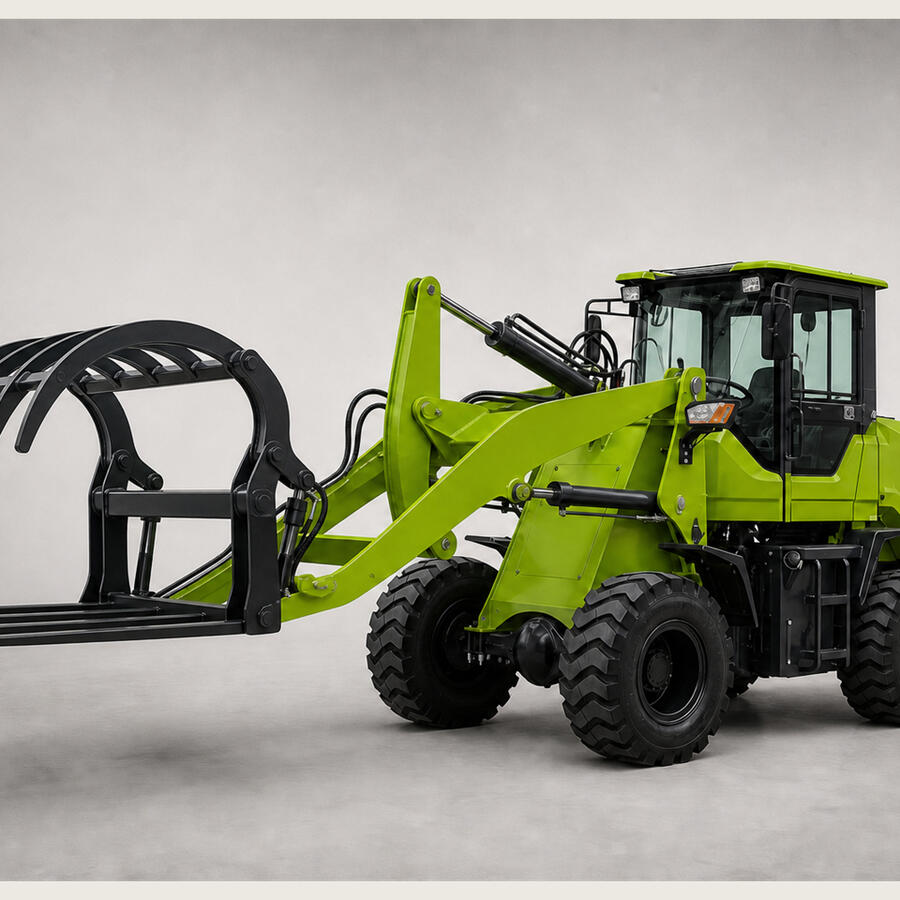 2.0-ton JH20EV electric articulated wheel loader with straight lower fork tines and curved hydraulic upper grapple